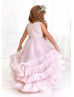 High Low Mauve Pink Lace Tulle Layered Flower Girl Dress